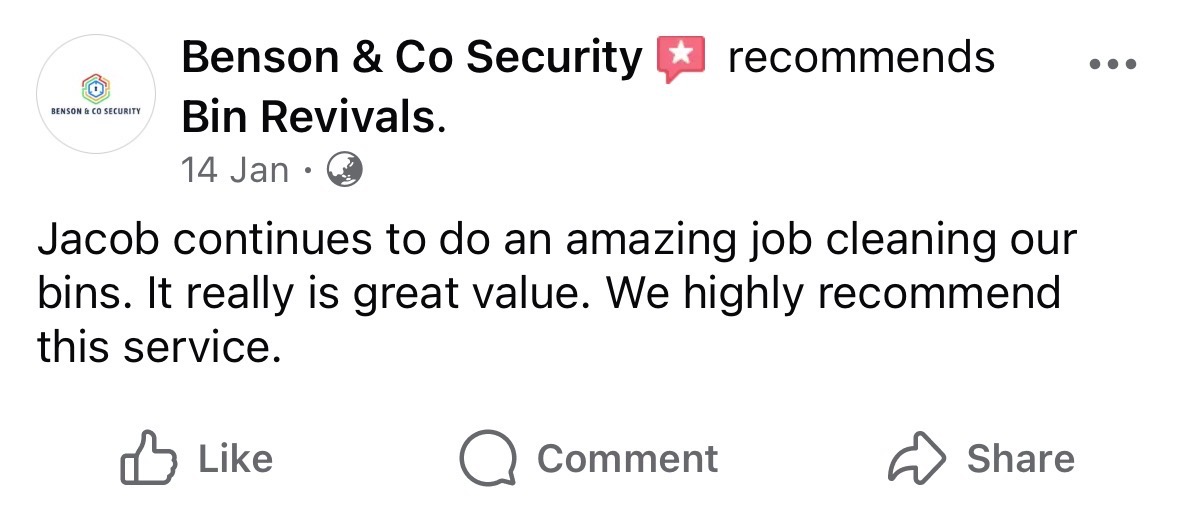 Benson and Co Security recommends Bin Revivals on Facebook